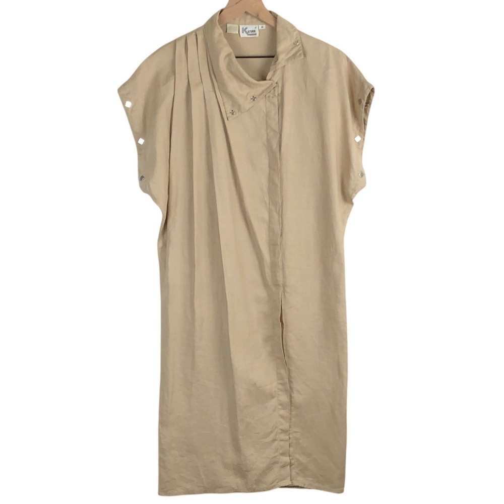 VTG KENAR 100% Linen Asymmetrical Snap Neck Shift Dress Sz M Tan Studded Slv